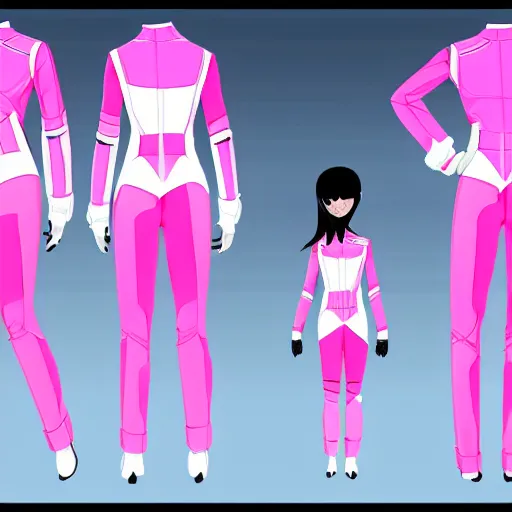 Image similar to y2k character model sheet for a short Japanese girl in a pink and white futuristic sleek motorcycle suit. into the spider-verse animated style