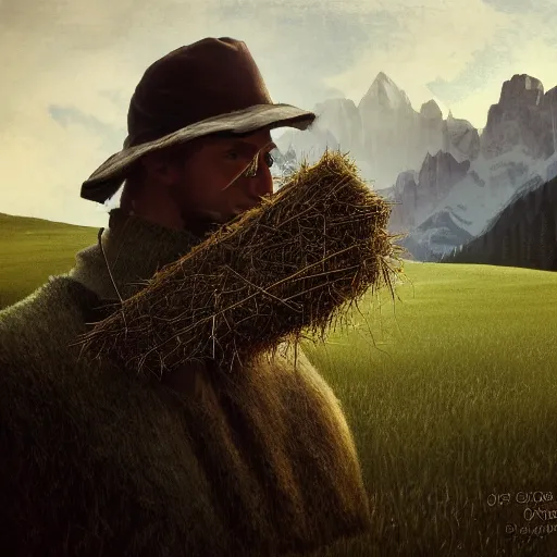 Image similar to alpine farmer transforming into roots and hay, dolomites in background, dark, eerie, despair, portrait photography, artstation, digital art, concept art, artstation, highly detailed, sharp focus, by caravaggio