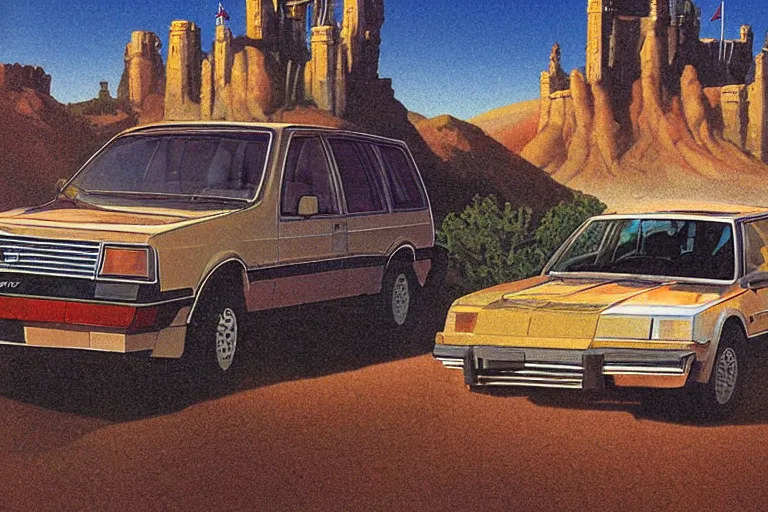 Image similar to a 1 9 8 5 electronics ad depicting a commodore 6 4 sitting on a desert trail. i'm the background is a fantasy castle. chrome font. art in the style of andy zito