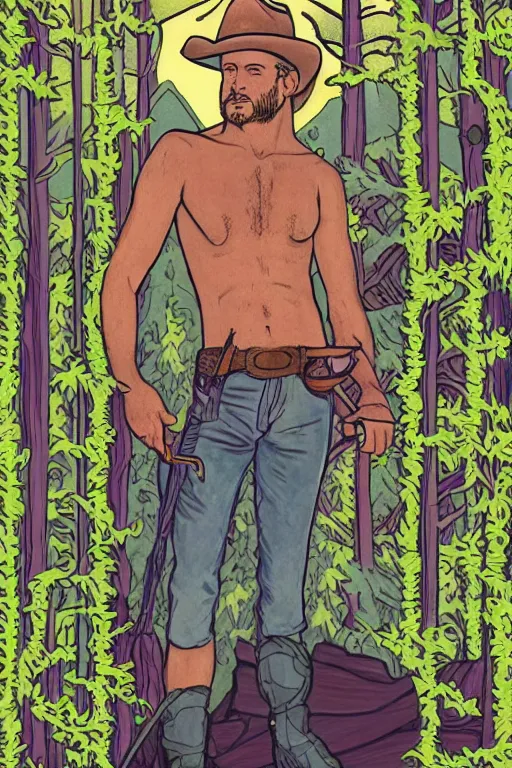 Prompt: a beautiful tarot! card of a open-shirt handsome cowboy wearing a cowboy hat forging a path through a mountainous forest, homoerotic, art deco, art nouveau, by Mark Maggiori, trending on artstation