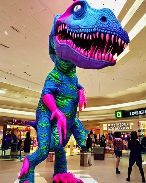 Prompt: a dinosaur wearing 80s clothes at the mall
