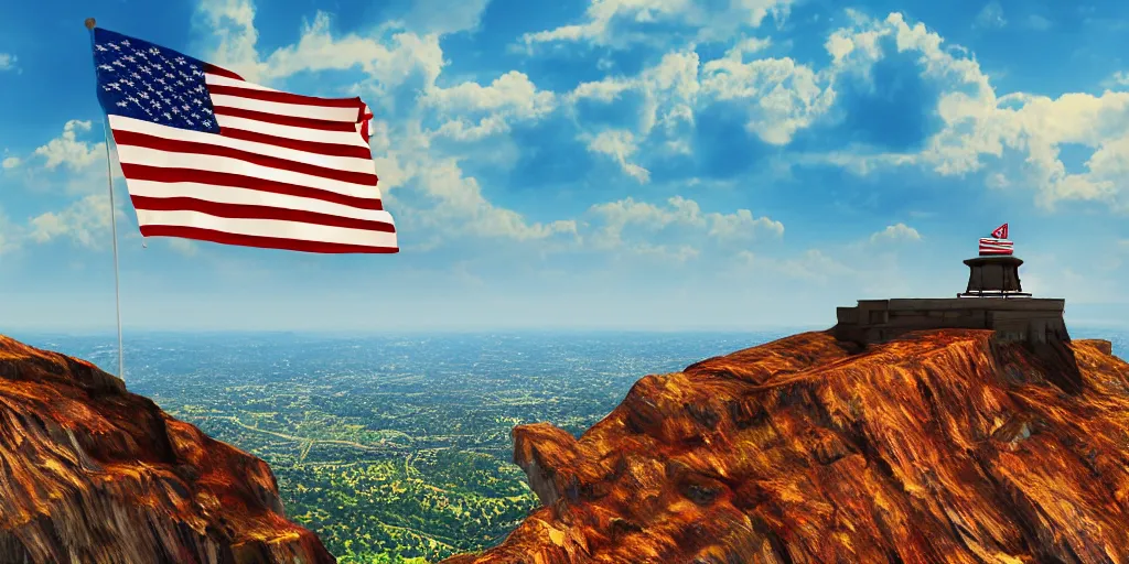 Prompt: let freedom ring from lookout mountain of tennessee flag. ultrafine highly detailed hyper realistic colorful illustration, unreal engine highly rendered, global illumination, radiant light, intricate and detailed environment