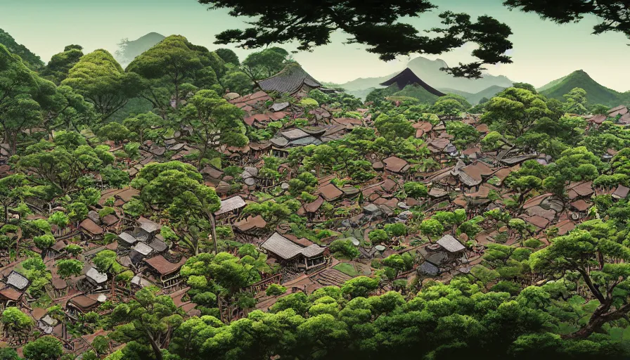 japanese village in green mountains by shigeru mizuki, | Stable ...