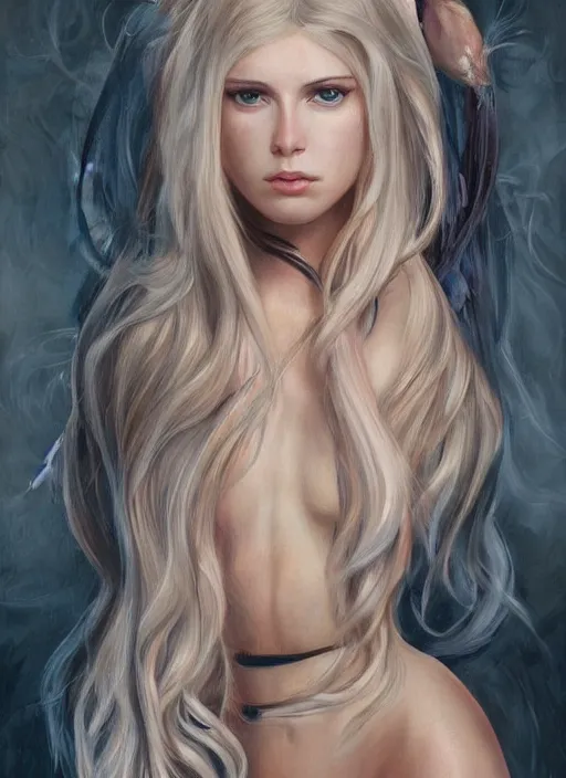 Image similar to a painting of a woman with long blonde hair, a photorealistic painting by magali villeneuve, featured on cgsociety, fantasy art, detailed painting, photorealistic