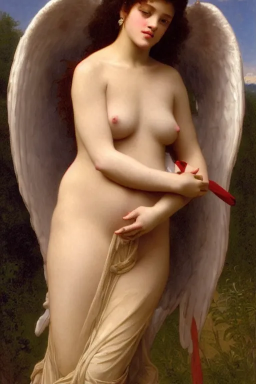 Image similar to rihanna as bbw angel in a romantic painting by william adolphe bouguereau, photorealistic, sharp and ultradetailed