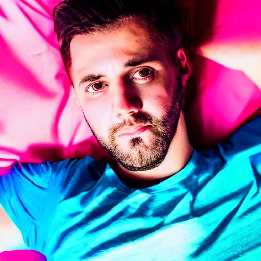 Image similar to close up aerial view portrait of a guy laying on the floor of his bedroom looking at the camera, synthwave colors, computer, cell phone, video games, tv, knick knacks, synthwave colors, 8K