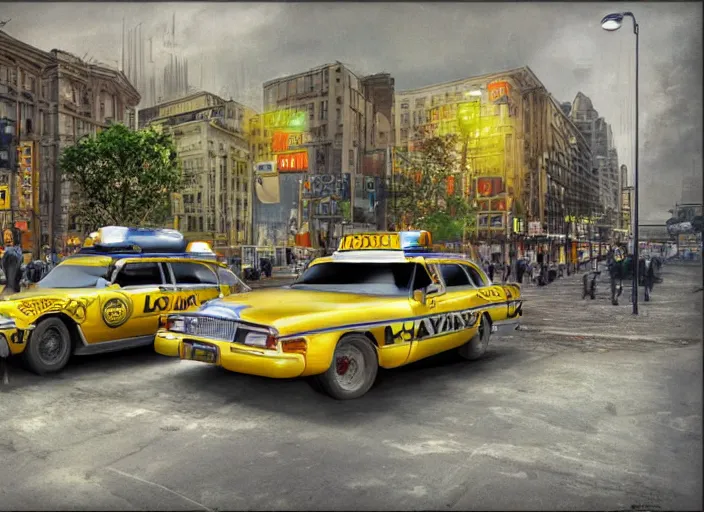 Image similar to 🚓🚕🚖, lowbrow, matte painting, 3 - d highly detailed, in the style of michael irvine,