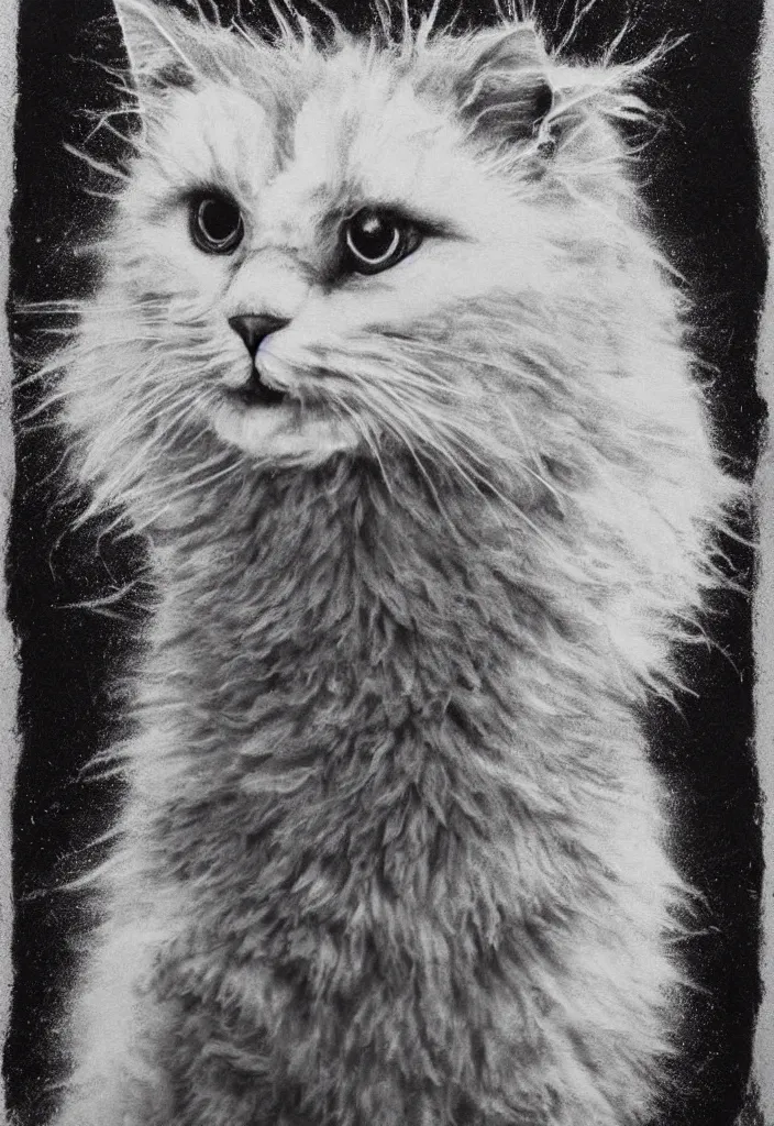 Prompt: fluffy cat t - shirt design, afro comb, by jules julien, dark grisaille monochrome neon spraypaint, ironic