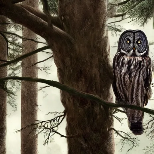 Image similar to an 5 5 - year old man looks at a great grey owl in a tree in front of him, concept art, realistic modern supernatural horror thriller aesthetic, hd 4 k 8 k digital matte painting, by david mattingly and michael whelan and samuel araya. layout in the style of christopher mckenna and gregory crewdson