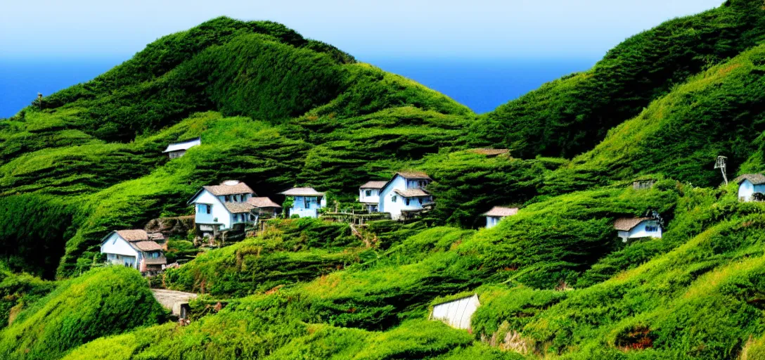 Image similar to studio ghibli hilly countryside and ocean