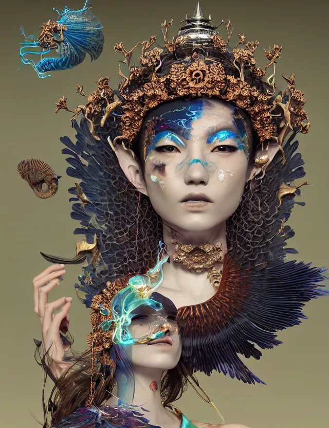 Image similar to 3 d goddess close - up portrait with crown, ram skull. beautiful intricately detailed japanese crow kitsune mask and clasical japanese kimono. betta fish, jellyfish phoenix, bioluminescent, plasma, ice, water, wind, creature, artwork by tooth wu and wlop and beeple and greg rutkowski