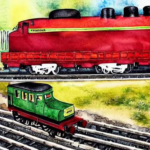 Prompt: southern railway 4 5 0 1 southern railways steam trains train rides on a colorful rainbow railroad, nice colour scheme, soft warm colour. studio gibli. beautiful detailed watercolor by lurid. ( 2 0 2 2 )