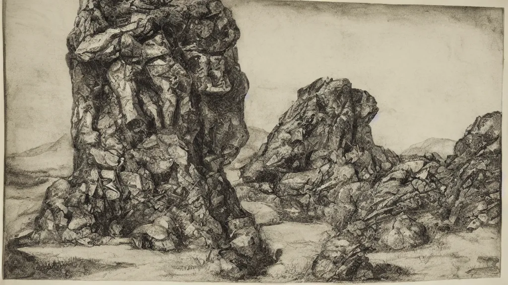 Prompt: a medieval chiaroscuro lithograph of a colossal granite sculpture garden by kurt seligmann and edward steichen, on a lawn, distant mountains, the merely beautiful bore me to death