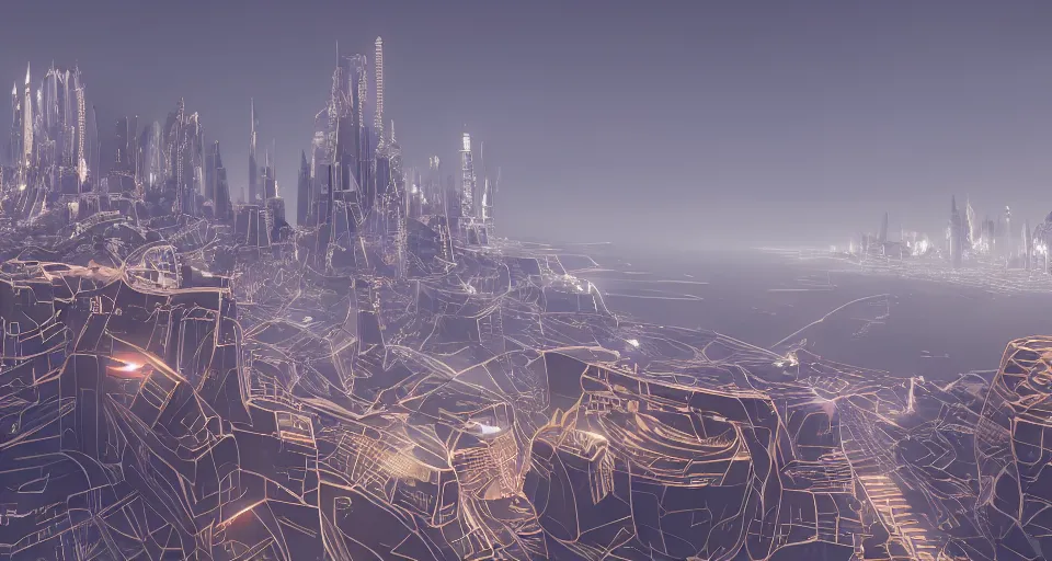 Prompt: view on futuristic city in the horizon, in style of ar nouveau, detailed, sharp, 8 k