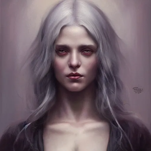 Image similar to painting of a beautiful grey haired girl with muscles, by tom bagshaw, greg rutkowski, wlop