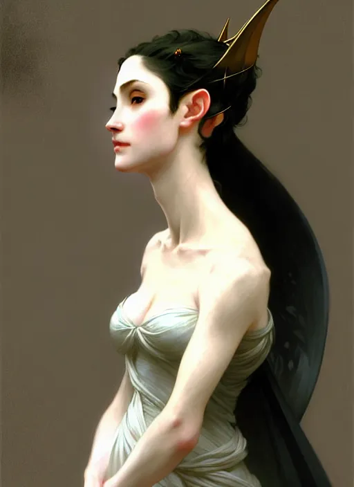 Image similar to character concept portrait of a fairy with pointy ears and an elegant gown, pale face, intricate, elegant, digital painting, concept art, smooth, sharp focus, illustration, from Metal Gear, by Ruan Jia and Mandy Jurgens and William-Adolphe Bouguereau, Artgerm