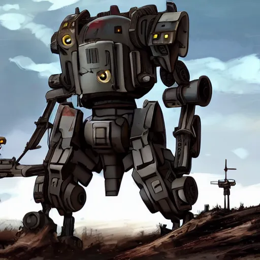 Image similar to a mech with guns on each arm preparing for combat, battlefield, dead trees, fire, smoke, dark clouds, slightly sunny, ominous, intense, epic, extremely detailed, cinematic lighting, studio ghibli, anime,