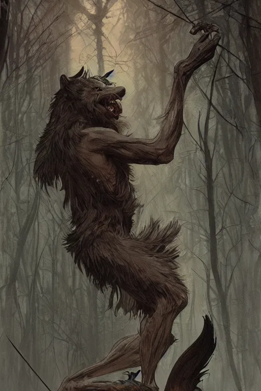 Image similar to a male werewolf devouring a severed human arm, blood, long claws, dark forest at night, by greg rutkowski and alphonse mucha, gradient brown to silver, highly detailed, digital painting, artstation, concept art, smooth, sharp focus illustration