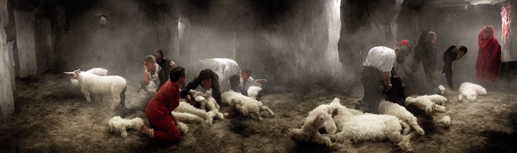 Prompt: world leaders engaging in a clandestine sacrifice of a lamb, dark room, misty dripping from the walls to the floor, in the style of director Ridley Scott