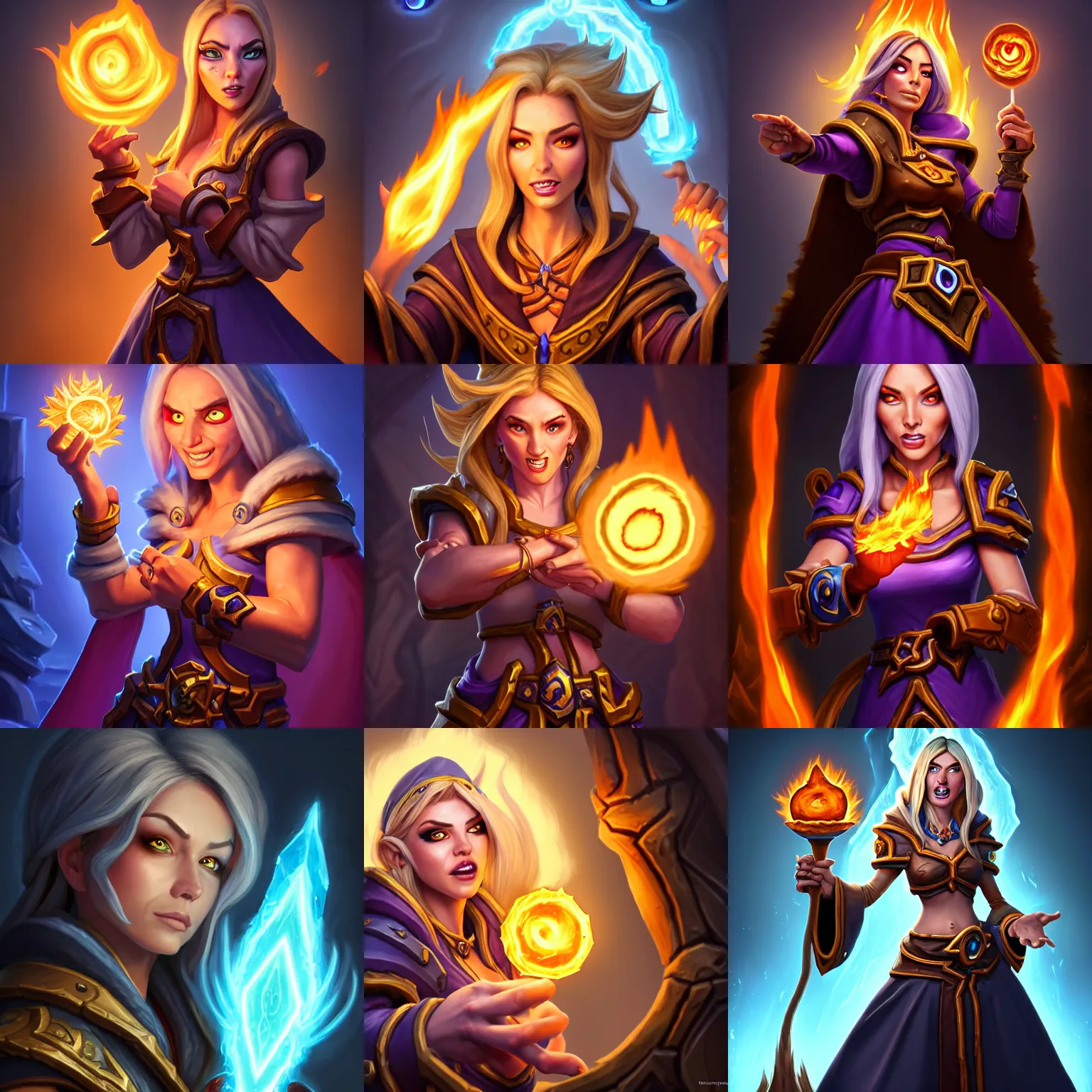 Prompt: Hearthstone official professional art, with realistic face & eyes. A sorceress, wearing a robe casting a fire ball. Insanely coherent physical body parts (face, arms, legs, hair, eyes). Full body realistic, sharp focus, 8k high definition, insanely detailed, intricate, elegant, smooth, sharp focus, illustration, ArtStation