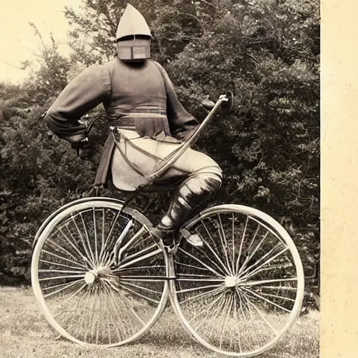 Image similar to a vintage photo of a knight in armor riding a pennyfarthing bicycle-H 768