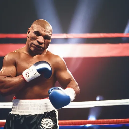 Image similar to mike tyson in a boxing arena, smoky background, rim backlighting