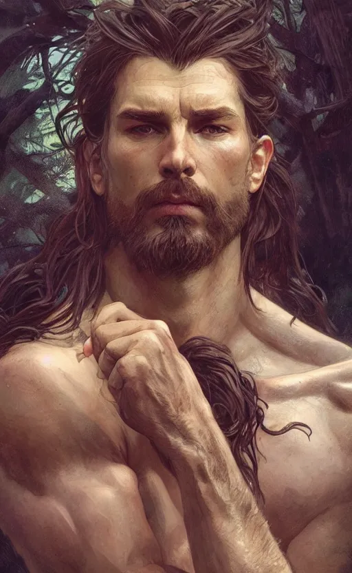 Image similar to God of the forest, male, rugged, shoulder-length hair, gorgeous, detailed face, clear face, amazing, muscular, intricate, highly detailed, digital painting, artstation, concept art, sharp focus, illustration, art by greg rutkowski and alphonse mucha