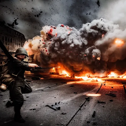 Image similar to world war 2 combat scene in city with explosions, photography style