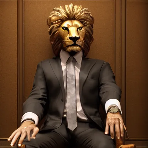 Image similar to a lion smoking a cigar wearing a suit, subject= lion, subject detail: wearing a suit, subject action: smoking a cigar, dramatic lighting, cinematic lighting, establishing shot, photorealistic, high details, cinematic, 8k resolution, extremly detailed, photorealistic, artstation, unreal engine