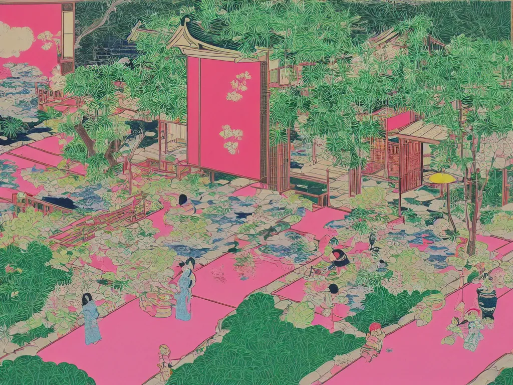 Image similar to image of a traditional japanese house with a garden, a pond in the garden, pink children are sitting around it, a combination of pop art and traditional japanese painting styles, the style of andy warhol, roy lichtenstein and jackie tsai, bright palette, acrylic on canvas