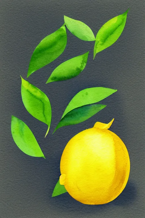 Prompt: minimalist watercolor art of a yellow lemon with green leaves, illustration, vector art