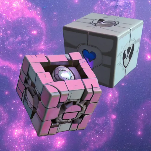 Prompt: the companion cube with the pink heart, floating in space, with destroyed satellite debris, ZBrush, Maya, Unreal Engine