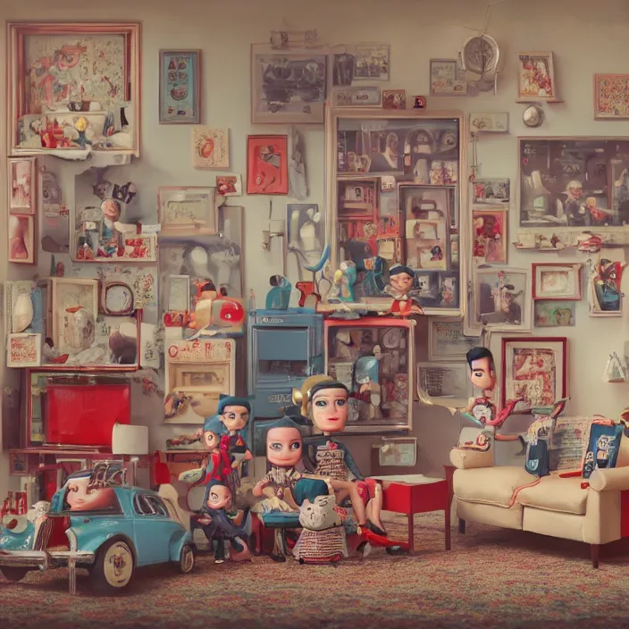 Image similar to portrait of a retro 1 9 5 0 s tin toy living room, depth of field, zeiss lens, detailed, symmetrical, centered, fashion photoshoot, by nicoletta ceccoli, mark ryden, lostfish, breathtaking, 8 k resolution, extremely detailed, beautiful, establishing shot, artistic, hyperrealistic, octane render