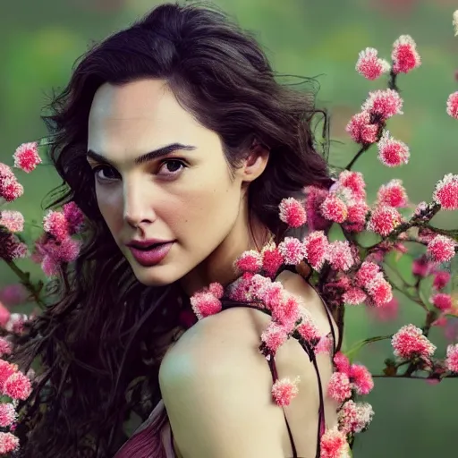 Image similar to fine art photo of the beauty gal gadot, she is posing while maintain a sweet eye contact to the camera, she has a crown of flowers, the photo was taken at sunrise with a bokeh effect, by steve mccurry, photorealistic, matte painting, hyper realistic, 4 k, 8 k, cinematic composition, hd, highly detailed, trending on artstation