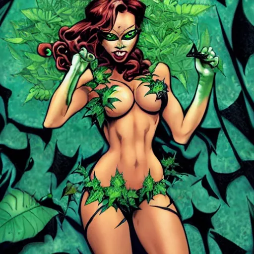Prompt: 2010 Juxtapoz magazine cover of Brittany Renner as Poison Ivy Restraining batman, Marijuana, Smoke, Hot, accentuated hips, Serving Body, Smoking weed, Curvy, Matte Painting, Rude, lewd, riske, Vibrant, 8k, Epic Level of Detail, plant sap, Arte Lowbrow style, by Sachin Teng, :3 ,By :5 Sexy: 7