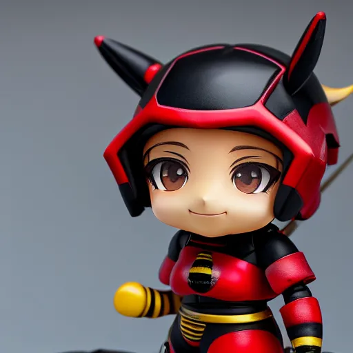 Image similar to closeup photograph of cute bee nendoroid with themed crimson - black armor, portrait, hyperdetailed, artstation, cgsociety, 8 k, by tangerine dream