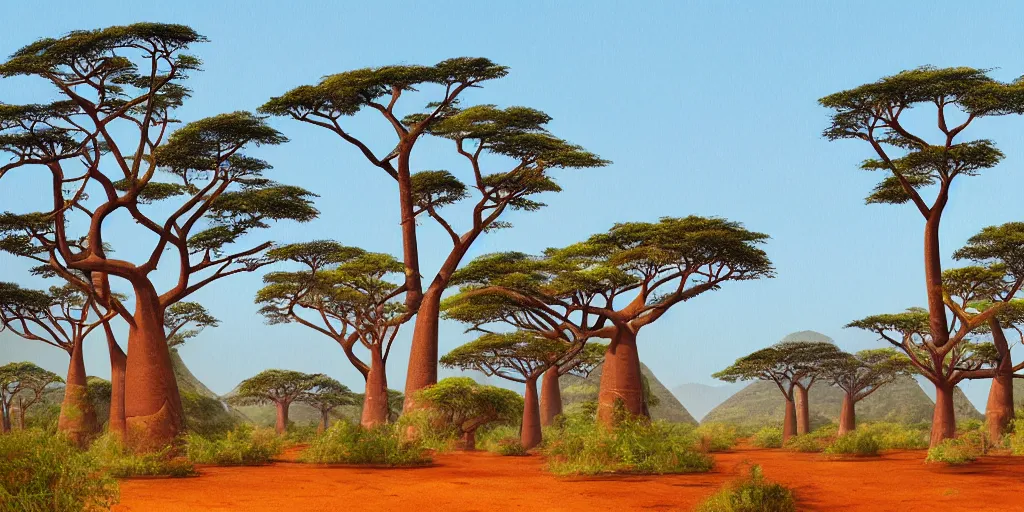 Prompt: a Malagasy landscape with baobab trees in the early morning, digital painting, highly detailed