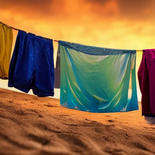 Image similar to a closeup photorealistic photograph of wet clothes drying on the beach, fantastic four theme. bright scene. fine detail. this 4 k hd image is trending on artstation, featured on behance, well - rendered, extra crisp, features intricate detail, epic composition and the style of unreal engine.