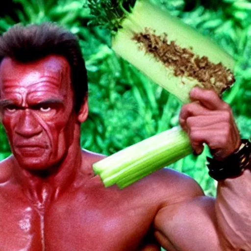 Image similar to a stick of celery with a face hunts arnold schwarzenegger in the film predator