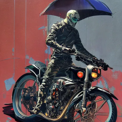 Prompt: andrew dickison on a motorcycle wearing leather, painted by james jean and katsuhiro otomo and erik jones, intricate oil painting, high detail illustration, sharp high detail