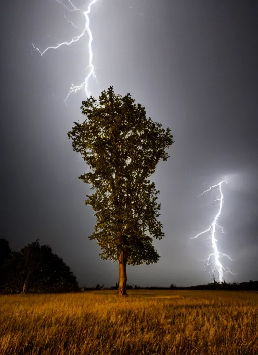 Prompt: a 2 8 mm macro photo of lightning striking the top of a tree in a field, long exposure, misty, night, splash art, movie still, bokeh, canon 5 0 mm, cinematic lighting, dramatic, film, photography, golden hour, depth of field, award - winning, anamorphic lens flare, 8 k, hyper detailed, 3 5 mm film grain