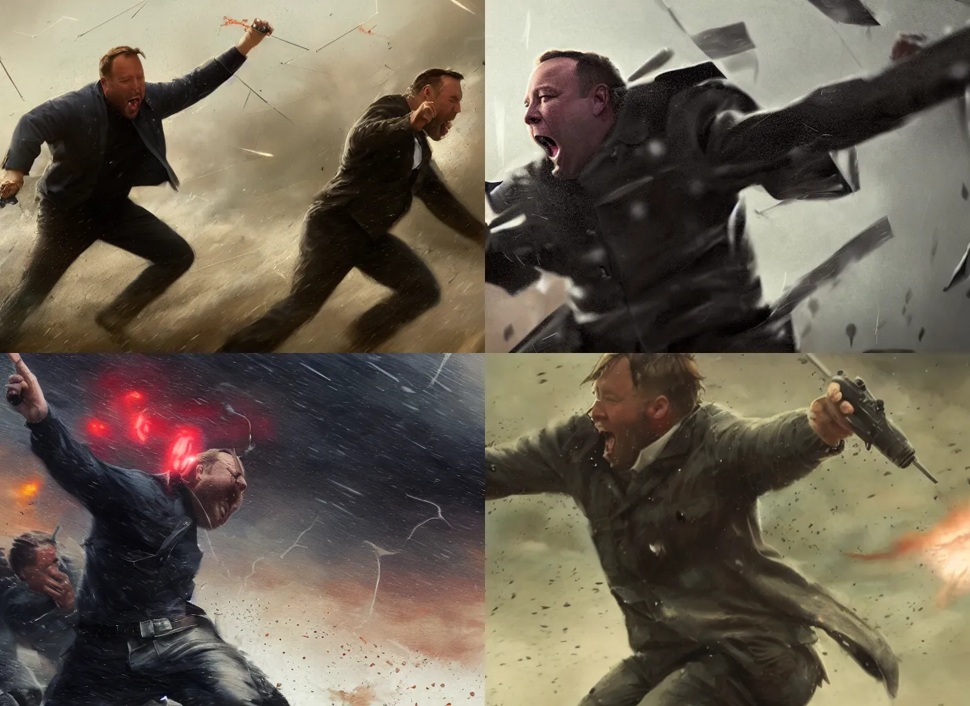 Prompt: cinematic action close up of conspiracy theorist Alex Jones going berserk in battle, raining and storming by Greg Rutkowski, 4k, masterpiece