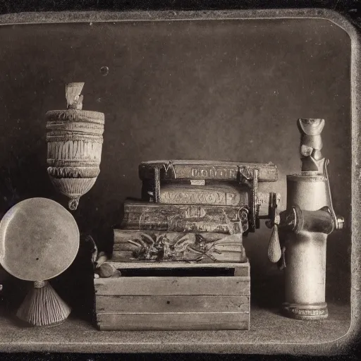 Image similar to Tintype photograph of primitive objects displayed in an ethnographic museum, archive material, anthropology, 1920s studio lighting.