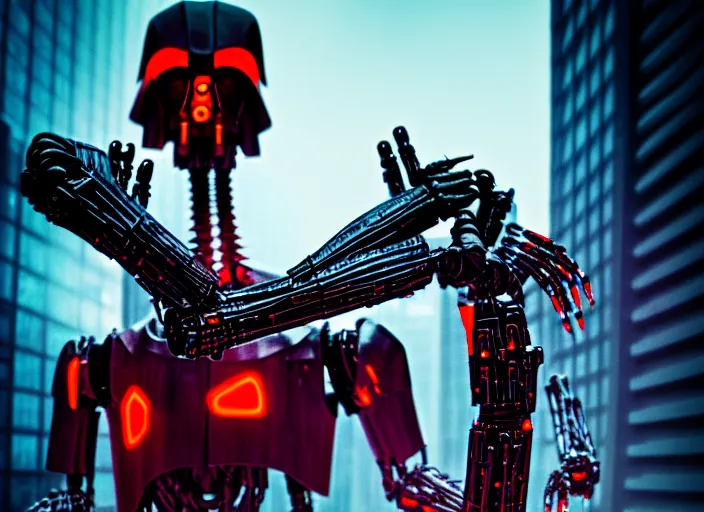 Image similar to 3 5 mm portrait photo of ( general grievous )!! with heavy duty biomechanical cybernetic body with ( four arms holding 4 activated red lightsabers )!! in the city in the rain. cyberpunk horror style.