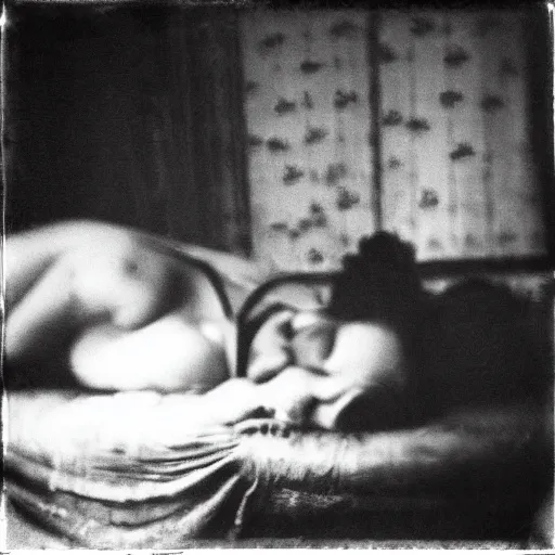 Prompt: opium den in use, monochrome film, soft focus, dreamlike,