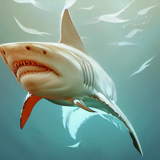 Image similar to great white shark, traffic cones as fins, underwater background detailed atmospheric - ron cheng & alphonse mucha, highly detailed, digital painting, ray tracing, concept art, illustration, smooth sharp focus, intricate, symmetry, artstation,