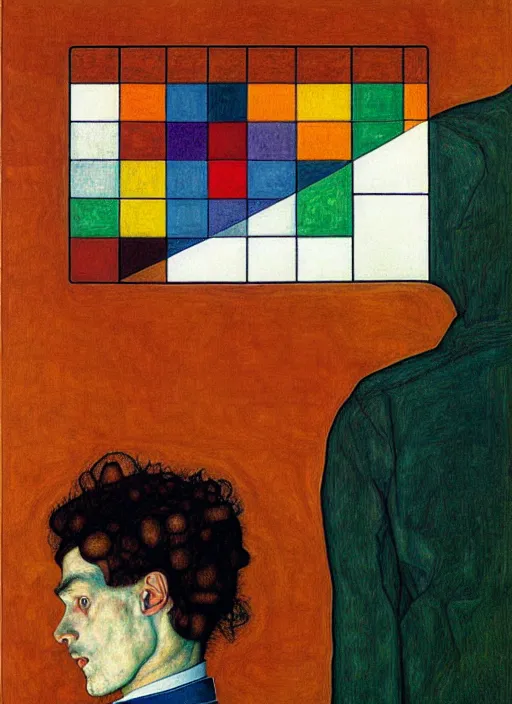 Image similar to creative coder with a computer in geometric harmony, by egon schiele and quint buchholz, portrait, colorful, escher, detail