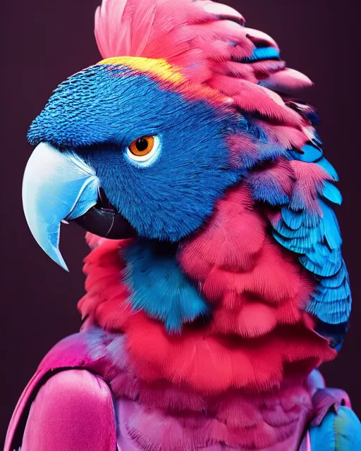 Prompt: natural light, soft focus portrait of a cyberpunk anthropomorphic parrot with soft synthetic pink skin, blue bioluminescent plastics, smooth shiny metal, elaborate ornate head piece, skin textures, by annie leibovitz, paul lehr