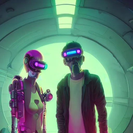 Image similar to cyberpunk rick and morty bot, cinema 4 d, galaxy space sci - fi, wearing vr goggles, illustration, portrait, pastel neon textured background night, trending on artstation, greg rutkowski, octane rendered, 1 2 k, detailed,