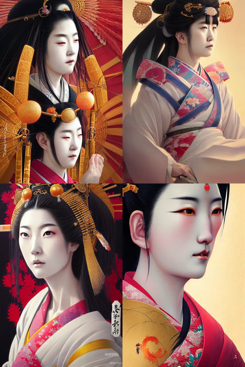 Prompt: japanese goddess, empress, amaterasu, portrait, majestic, close - up profile, classical japanese kimono, accurate anatomy, pretty face, studio lighting, intricate details, realistic by wlop and ross tran and greg rutkowski, colorful